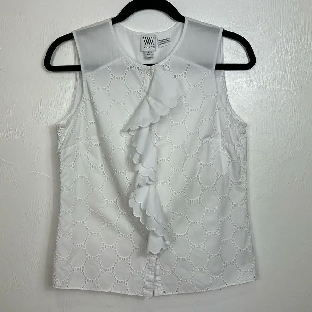 Worth Cotton Sleeveless Ruffle Front Eyelet Button Down Shirt Size 6